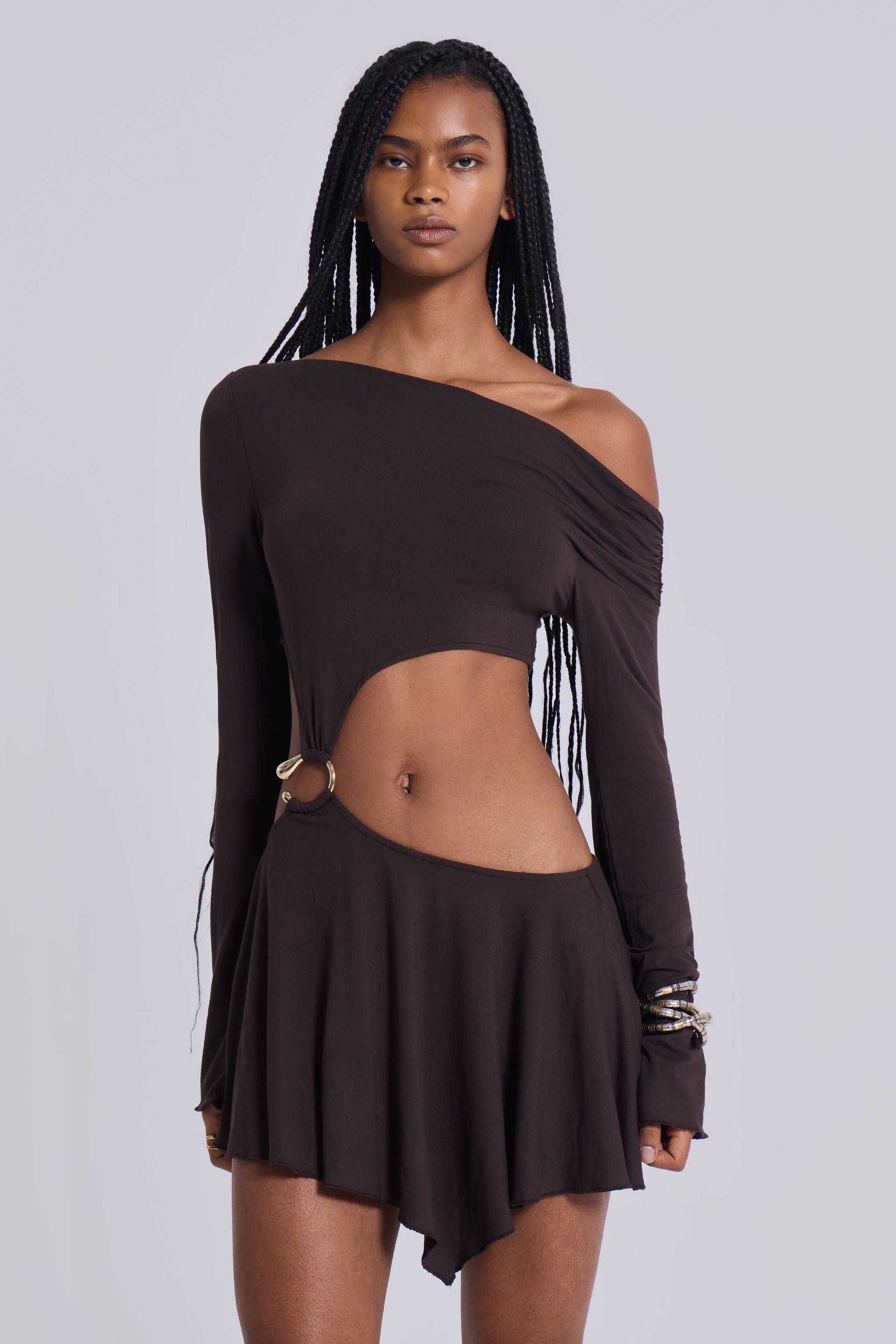 Dera Asymmetric Cut Out Mini Dress in Brown