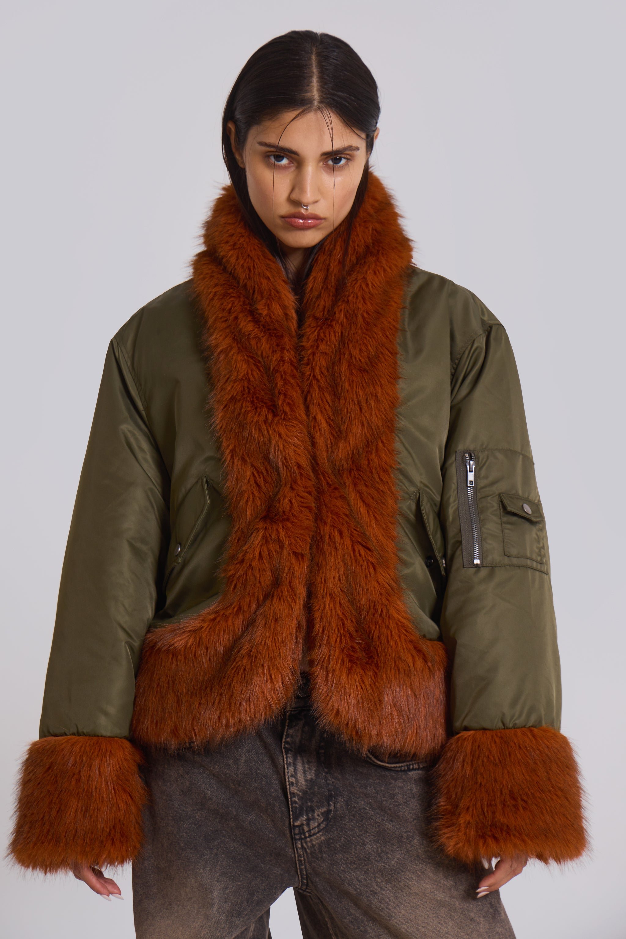 Evren Faux Fur Bomber Jacket in Khaki