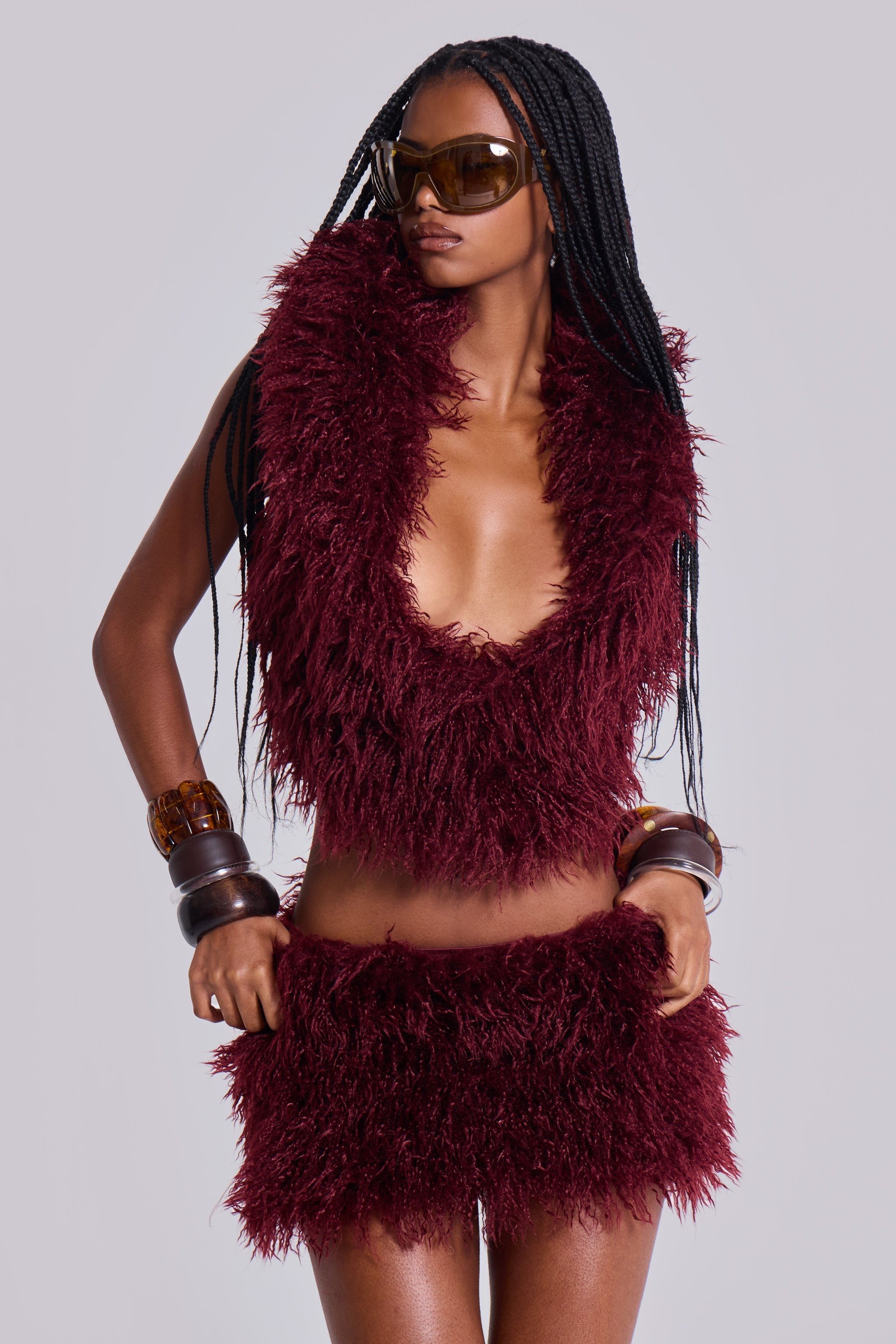 Haka Mongolian Faux Fur Backless Top in Wine