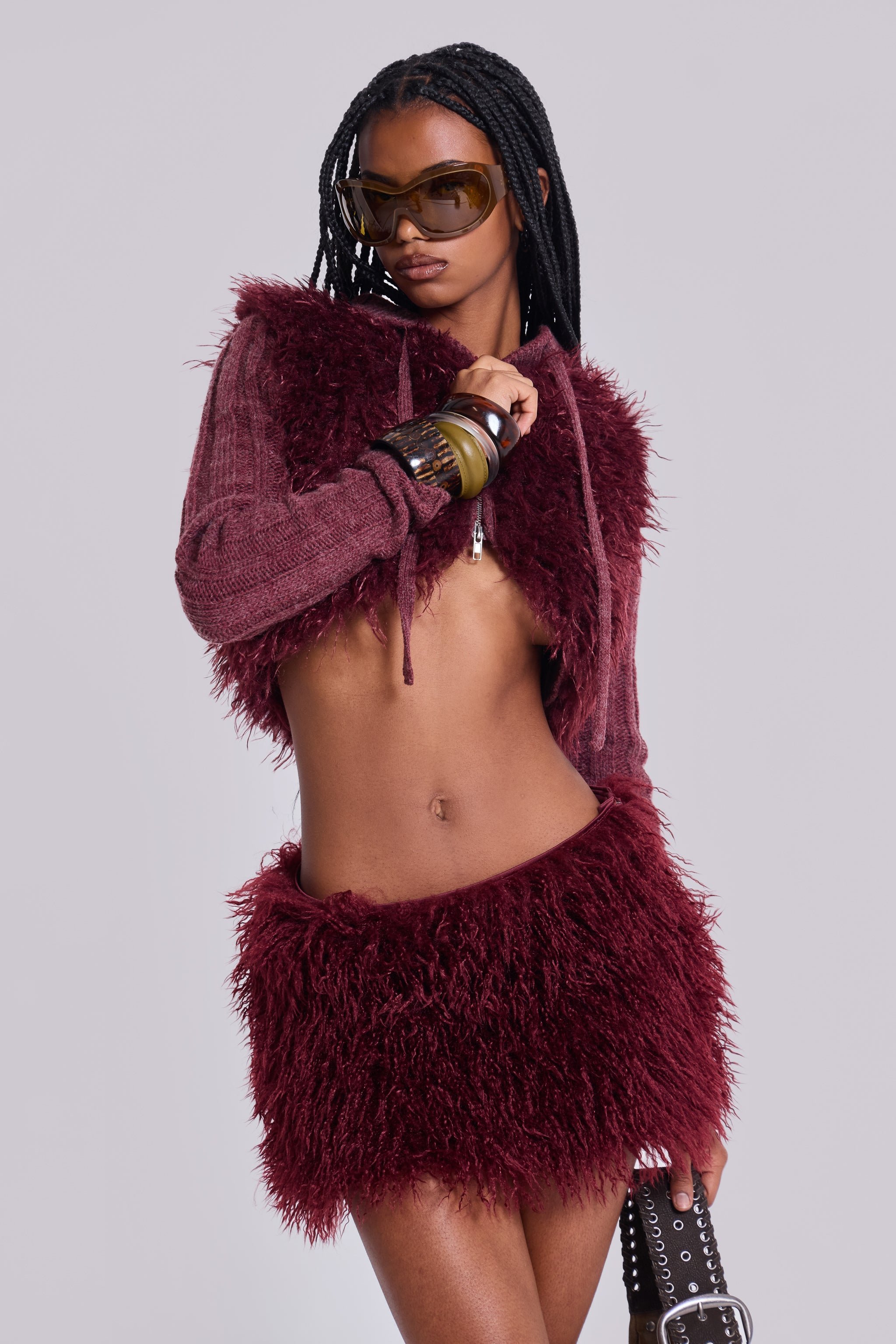 Haka Mongolian Faux Fur Mini Skirt in Wine