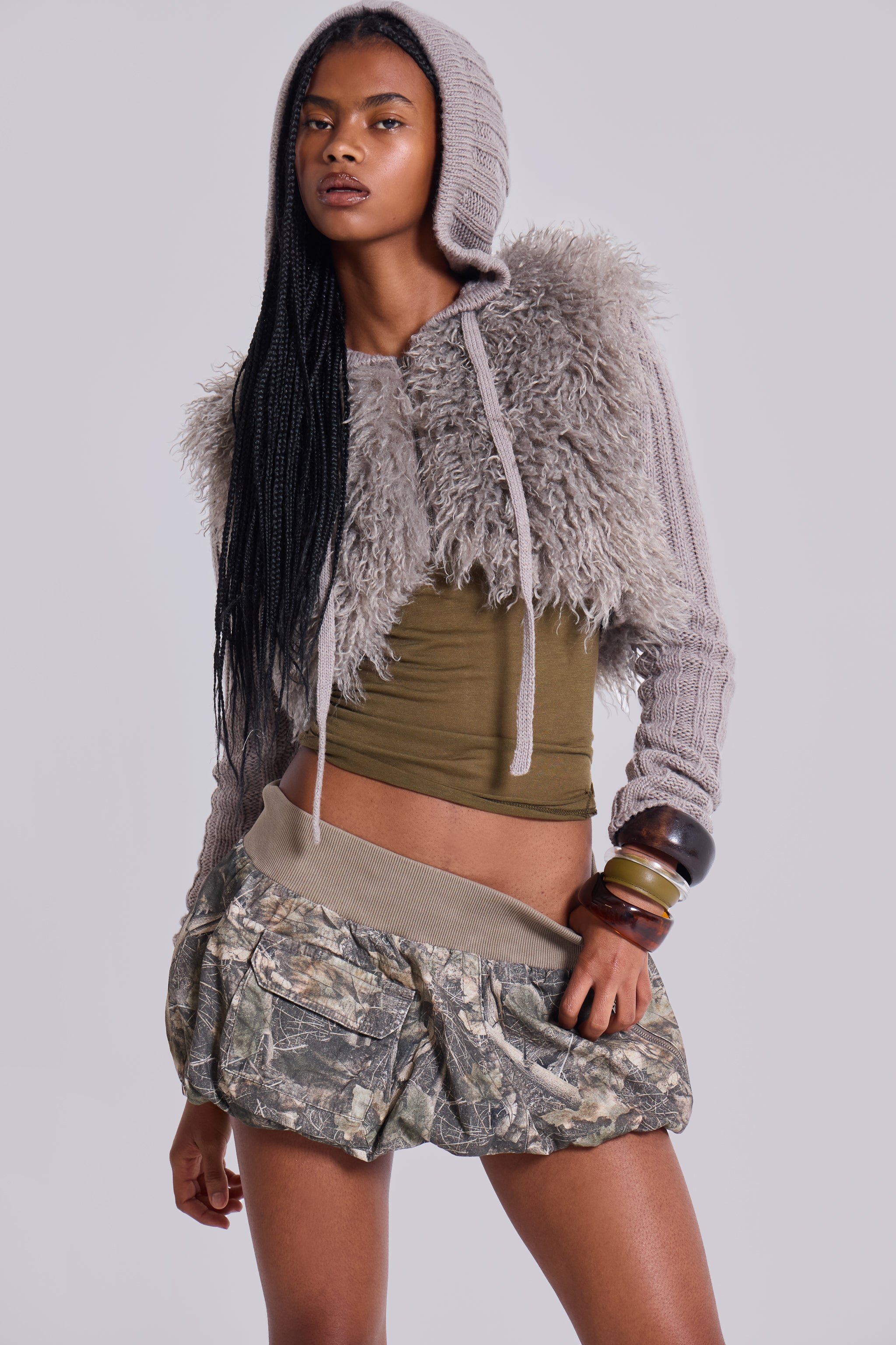 Woodland Camo Puffball Cargo Mini Skirt