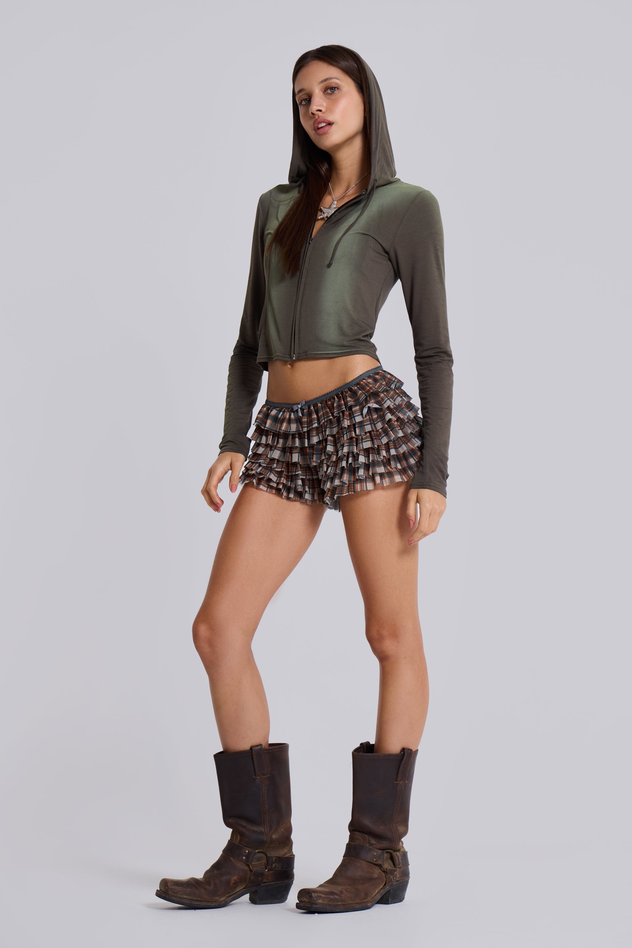 Brown Check Rhea Mesh Bloomer Shorts