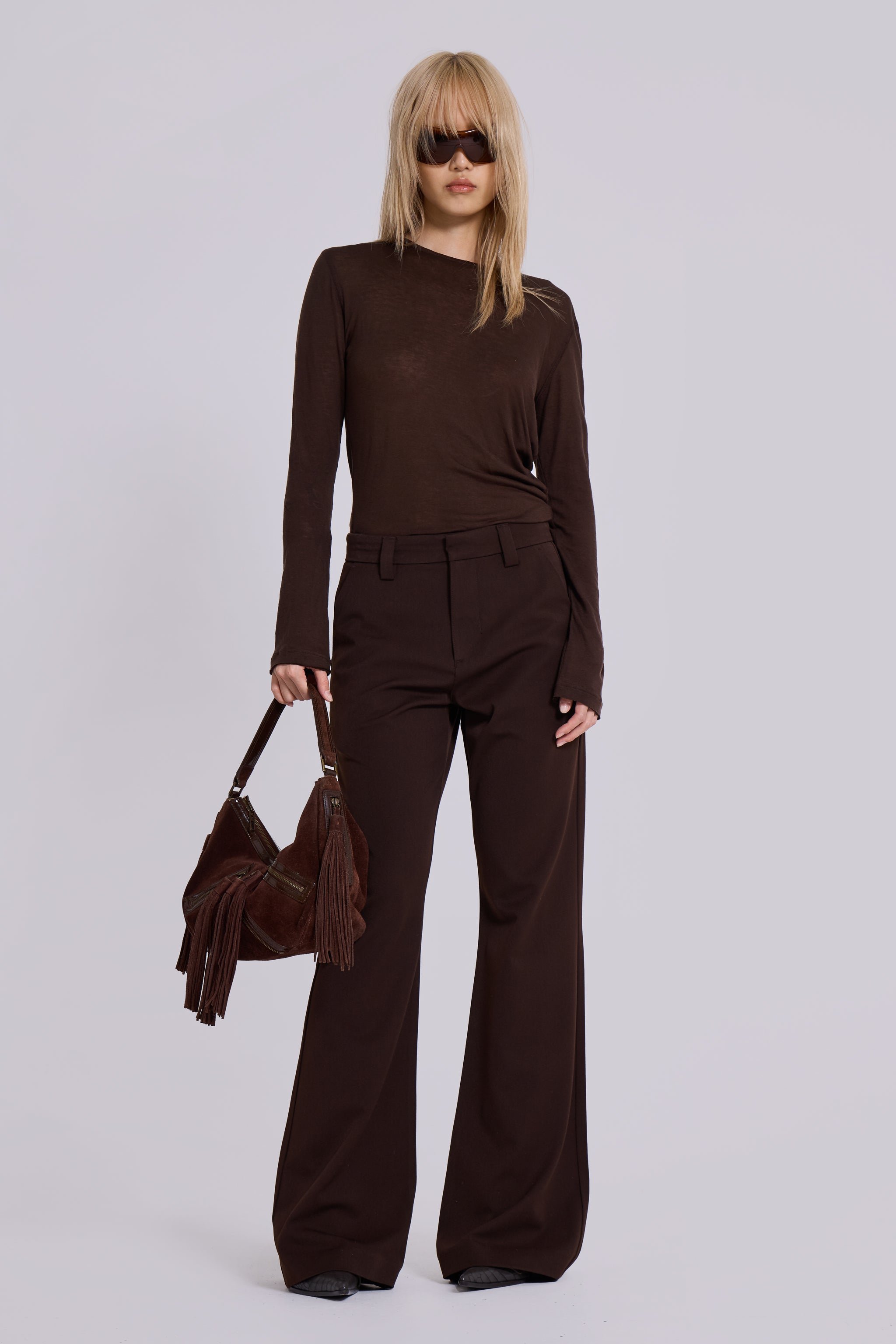 Brown Stacked Bootcut Suit Pants