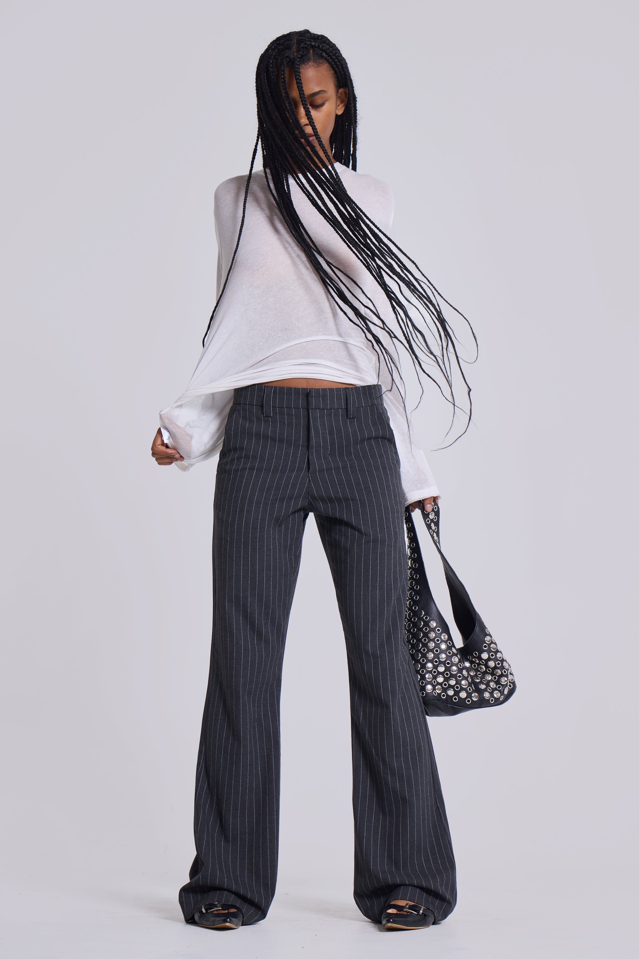 Grey Pinstripe Stacked Bootcut Suit Pants