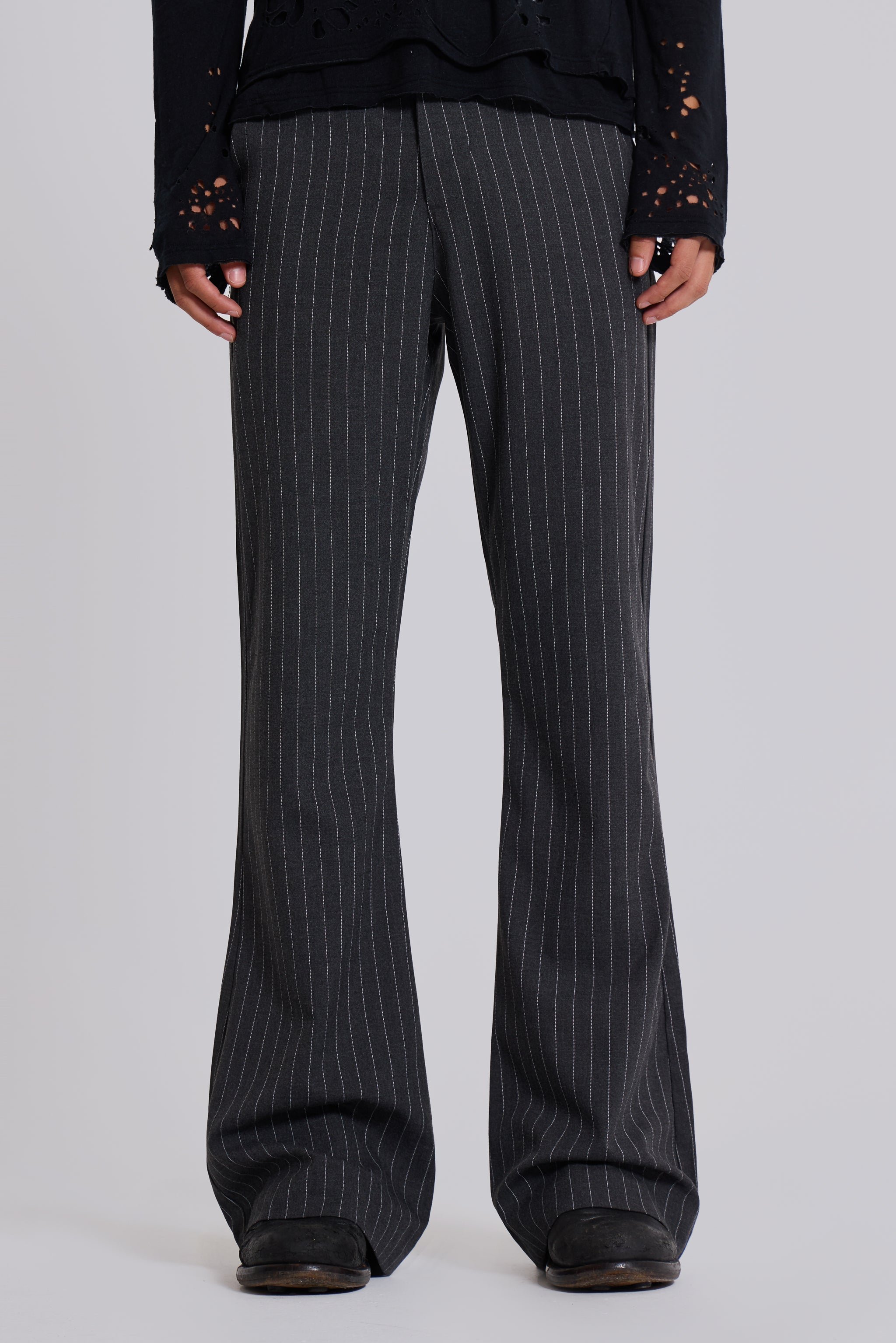 Grey Pinstripe Stacked Bootcut Suit Pants