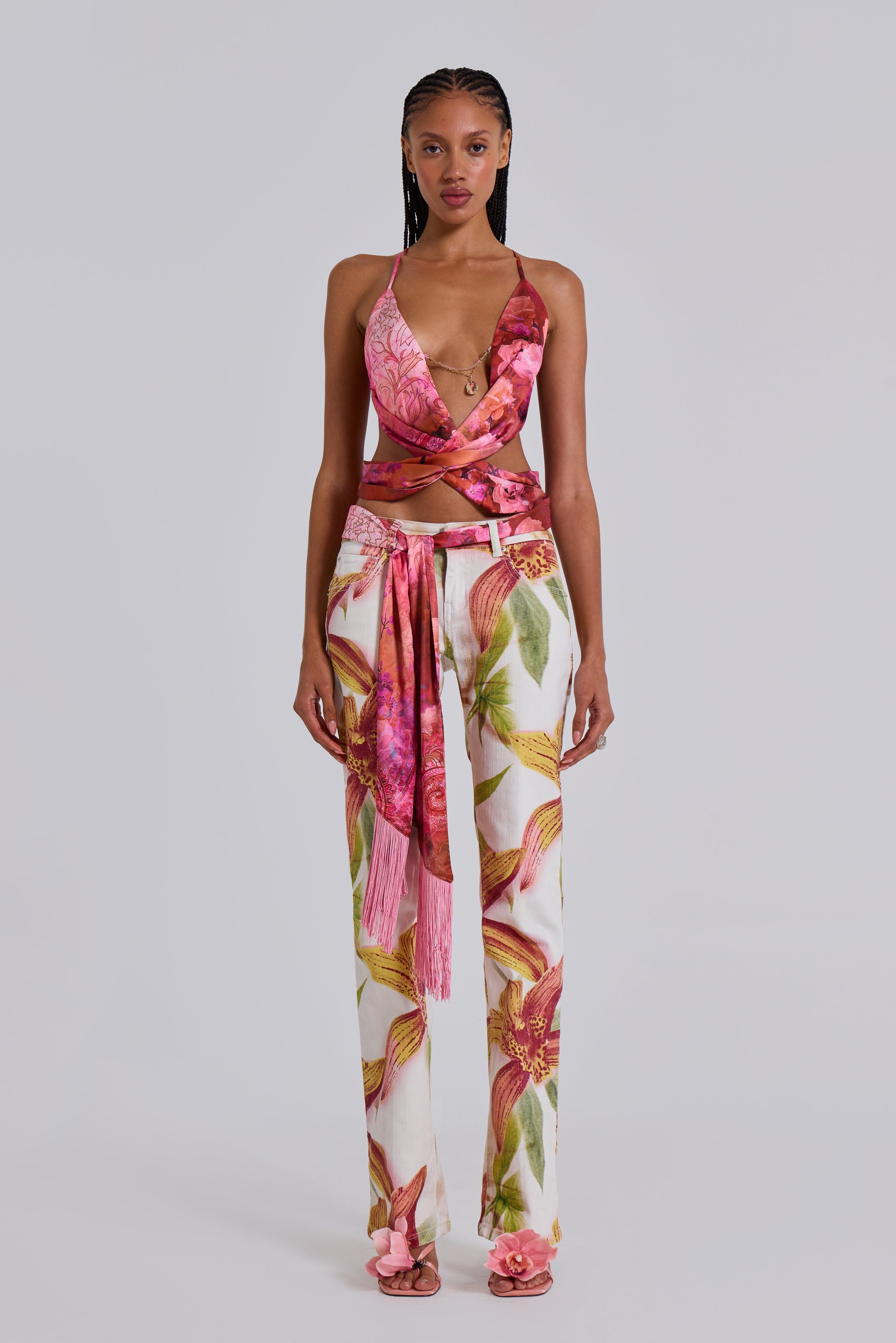 Ayla Satin Backless Plunge Wrap Top In Rosa