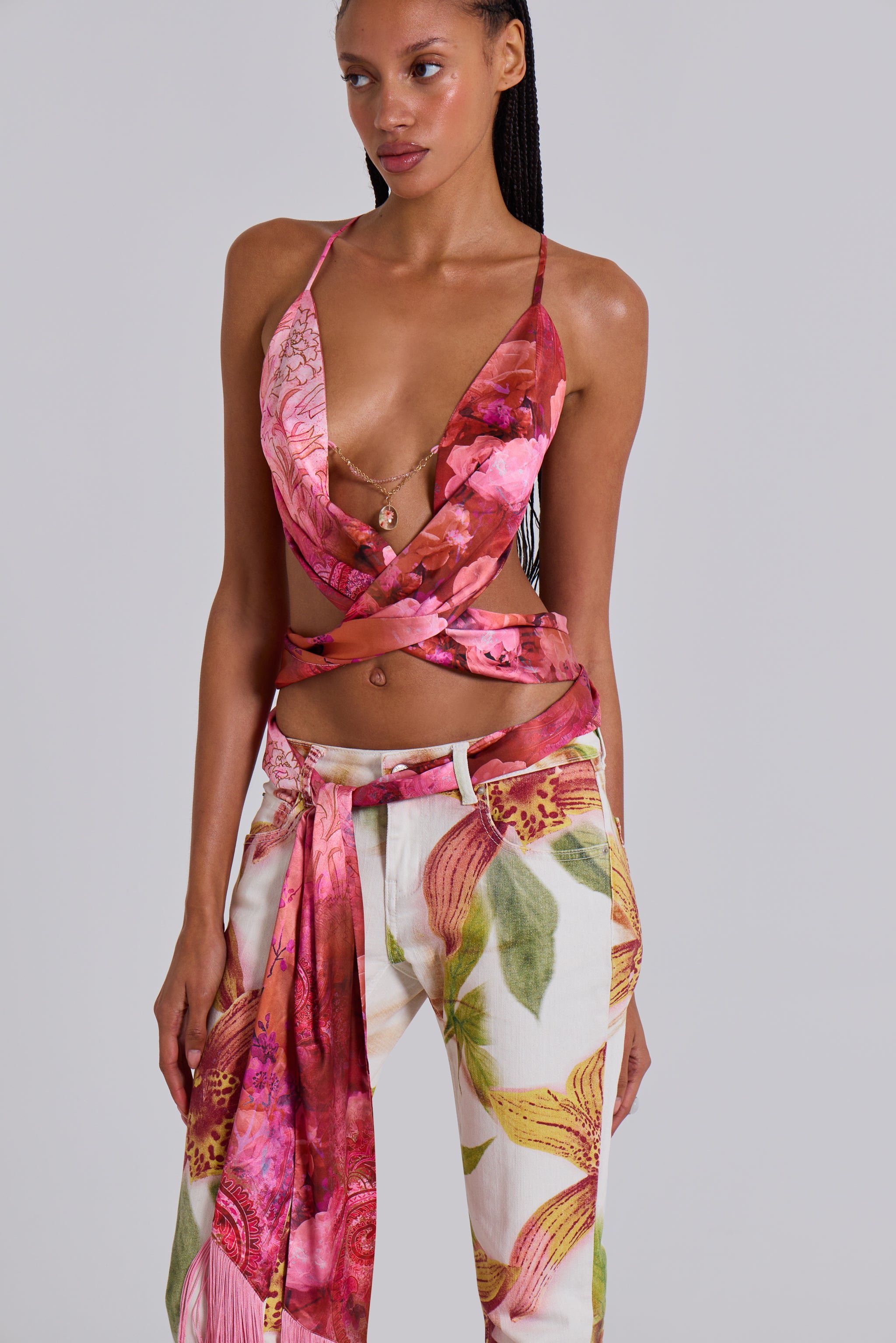 Ayla Satin Backless Plunge Wrap Top In Rosa