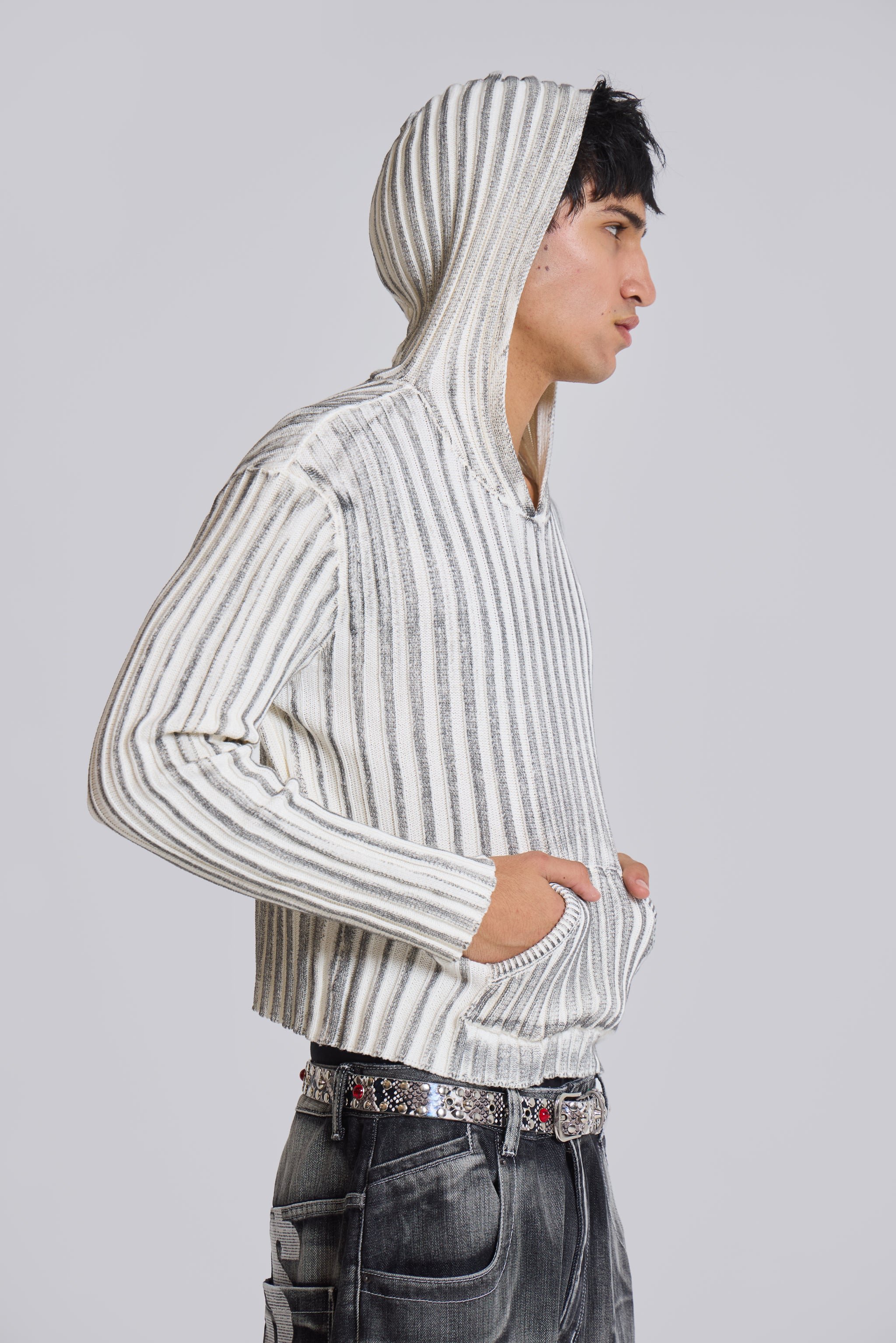 White Scrape Knit Hoodie