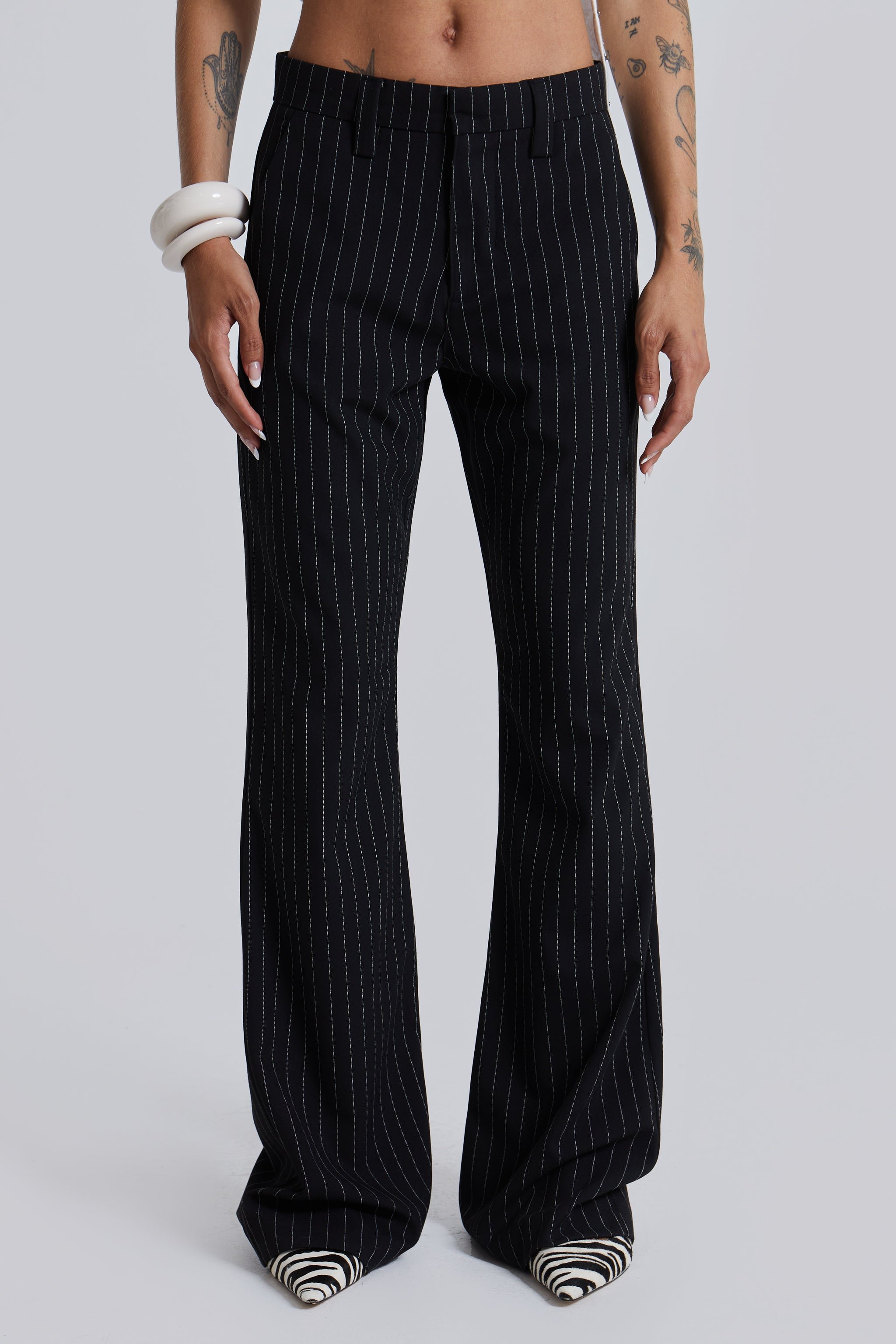 Black Pinstripe Stacked Bootcut Suit Pants