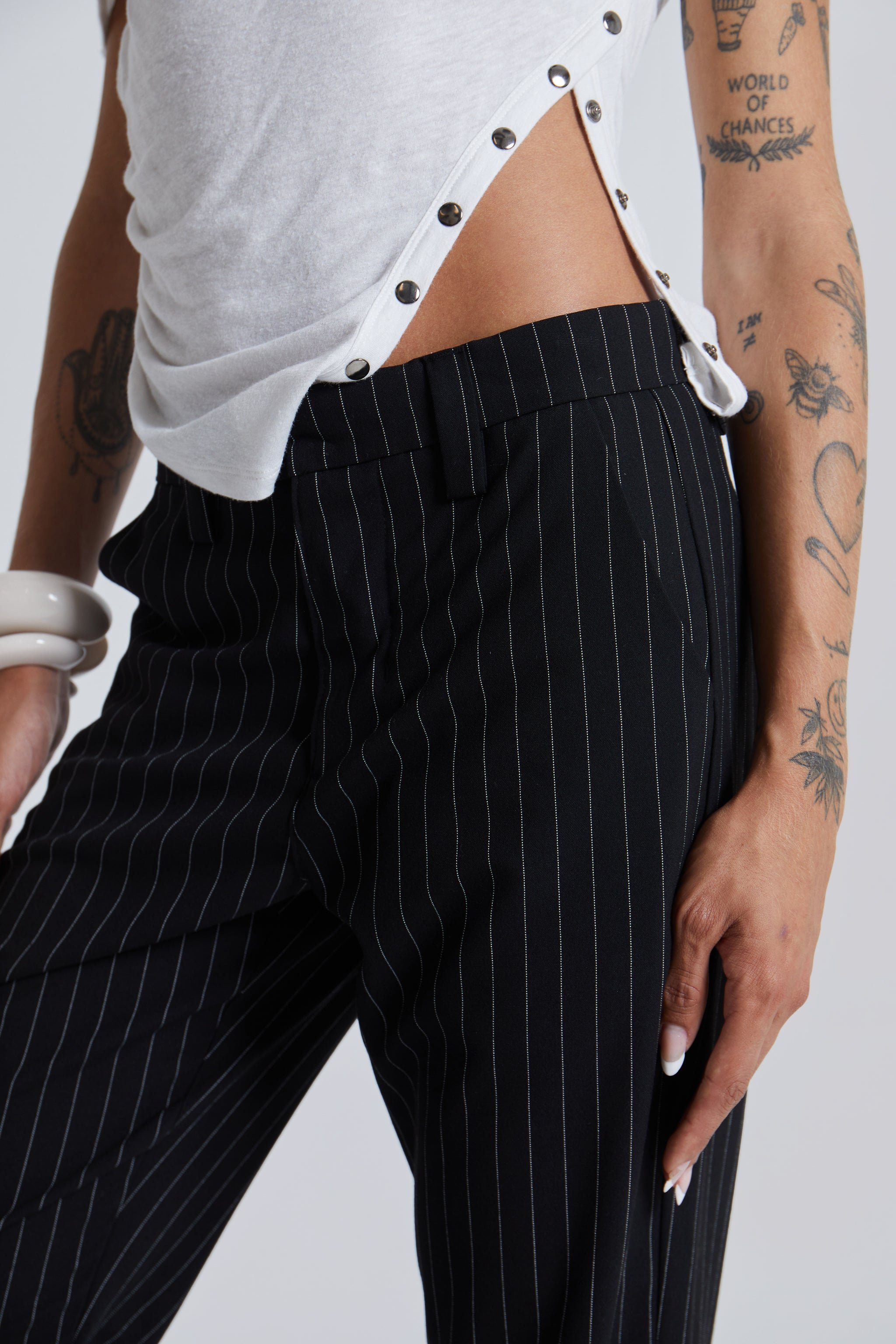 Black Pinstripe Stacked Bootcut Suit Pants