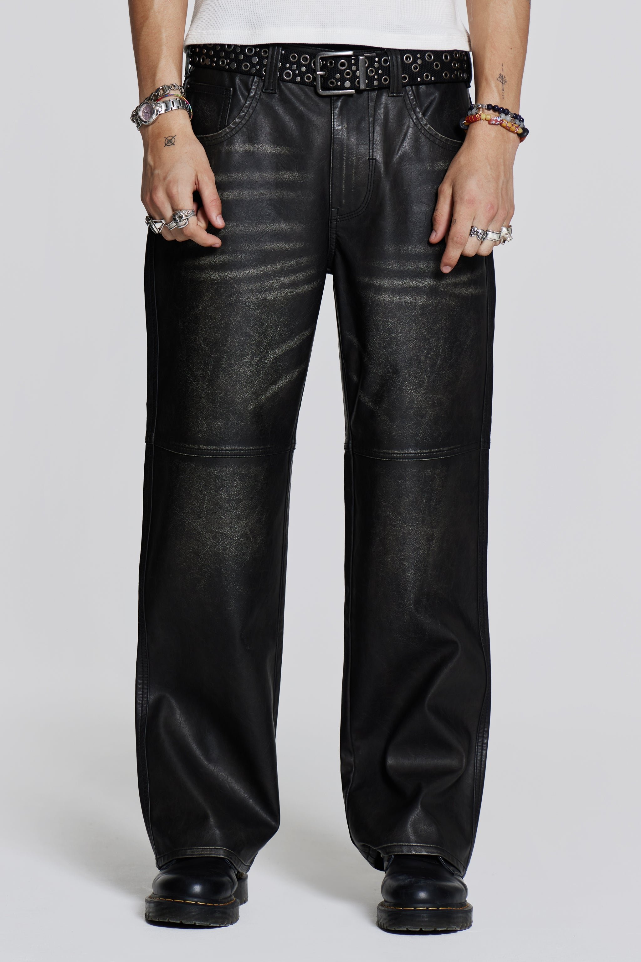Distressed Vegan Leather Straight Leg Jeans | Jaded London