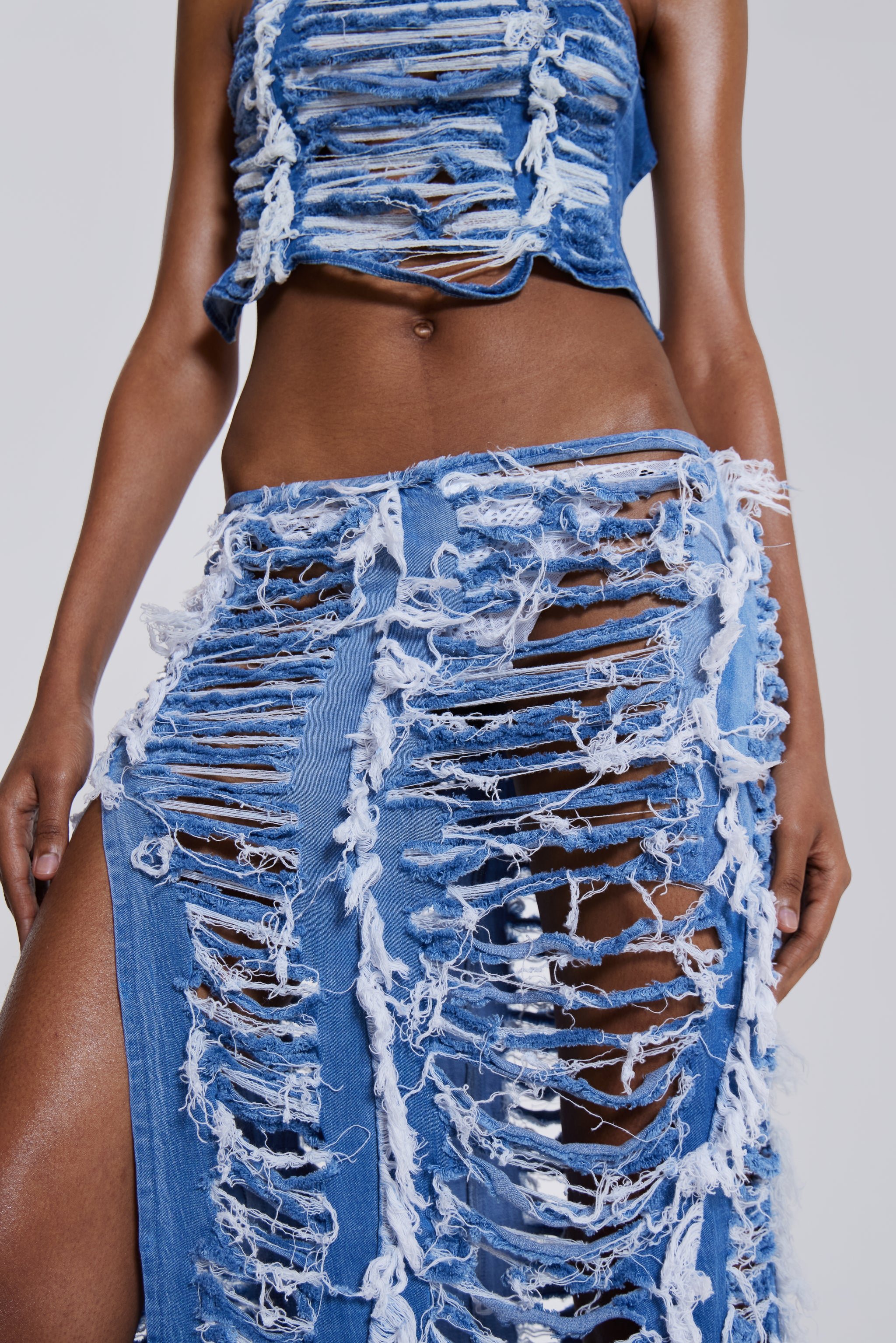 Shredded Denim Maxi Skirt