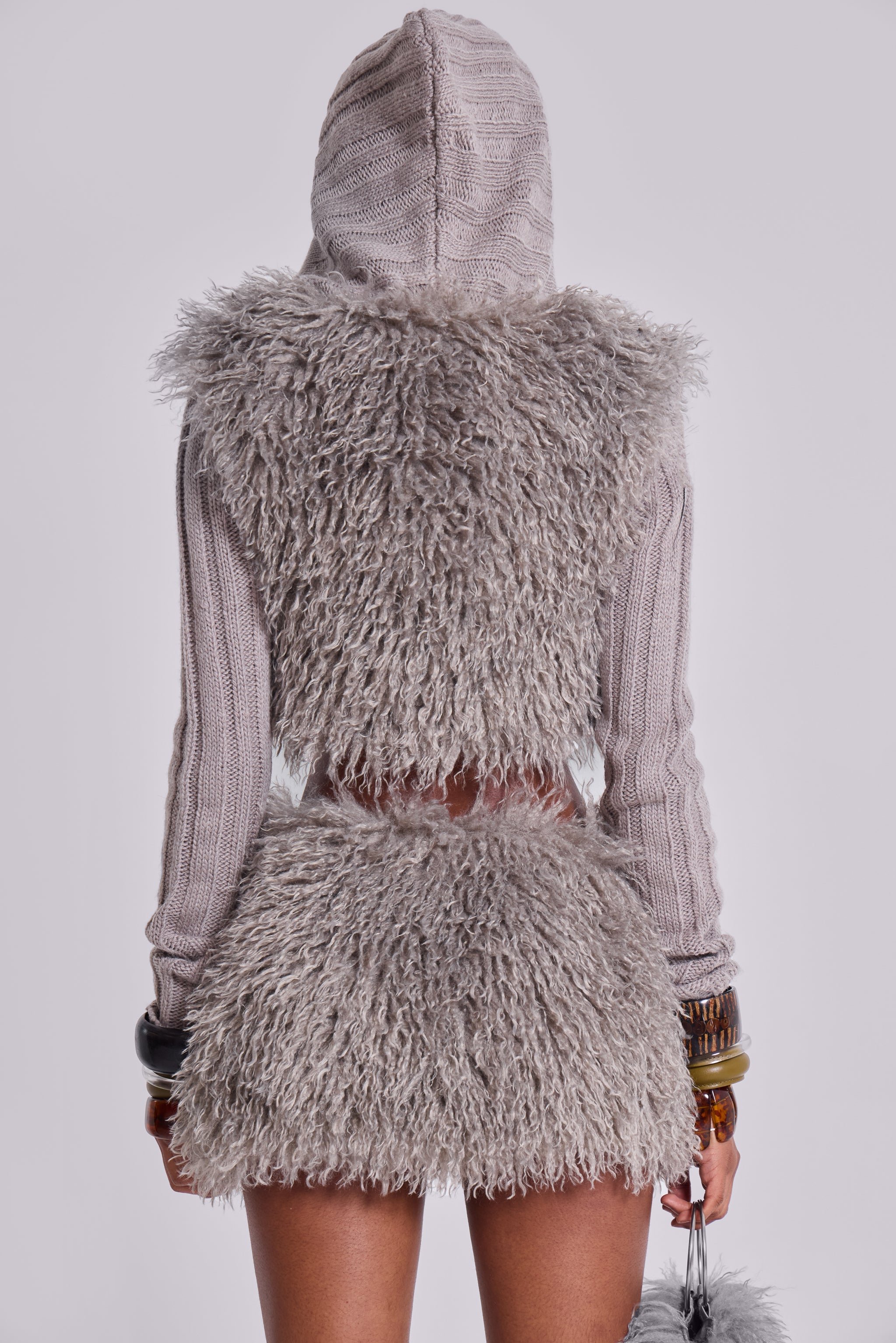 Haka Mongolian Faux Fur Knit Shrug in Grey