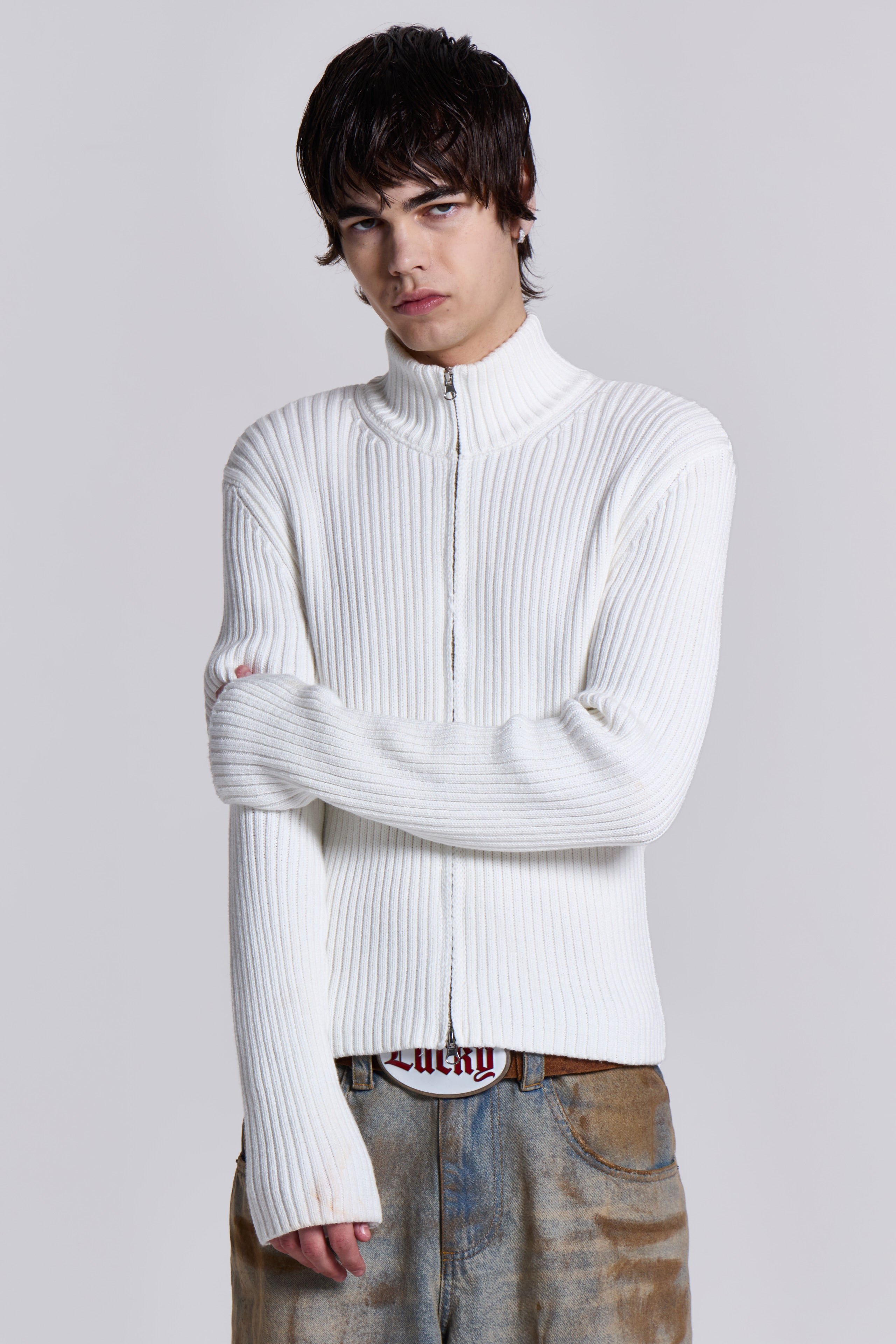 White Lucid Knit Track Top | Jaded London