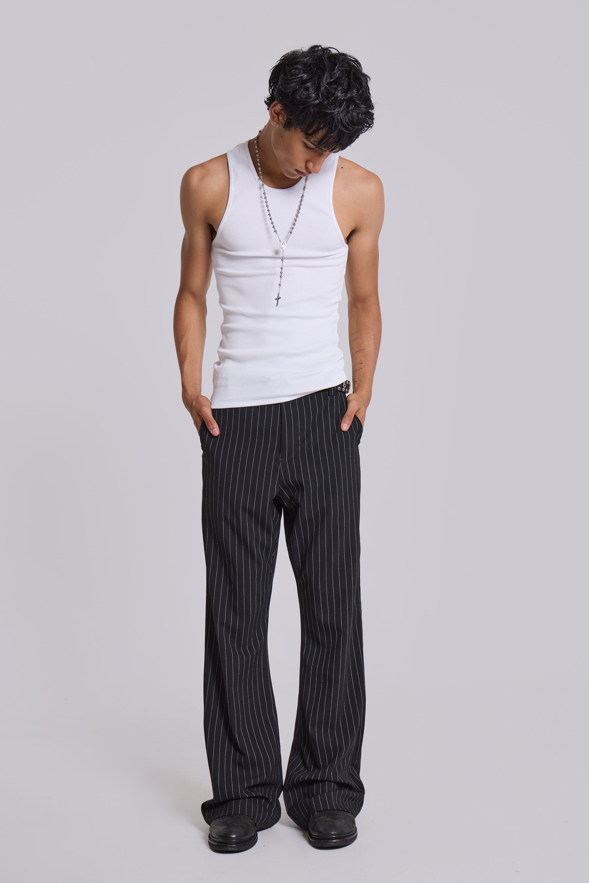 Black Pinstripe Stacked Bootcut Suit Pants