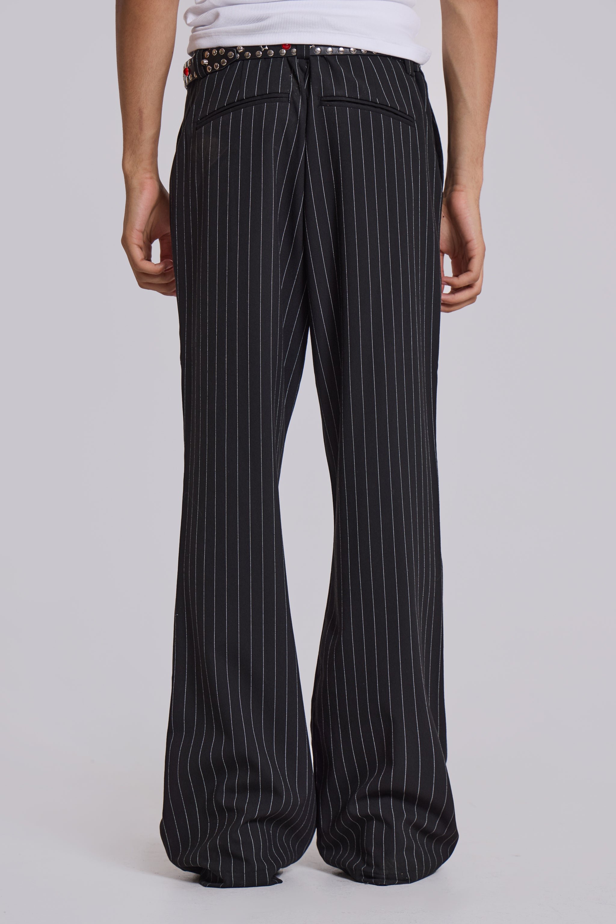 Black Pinstripe Stacked Bootcut Suit Pants