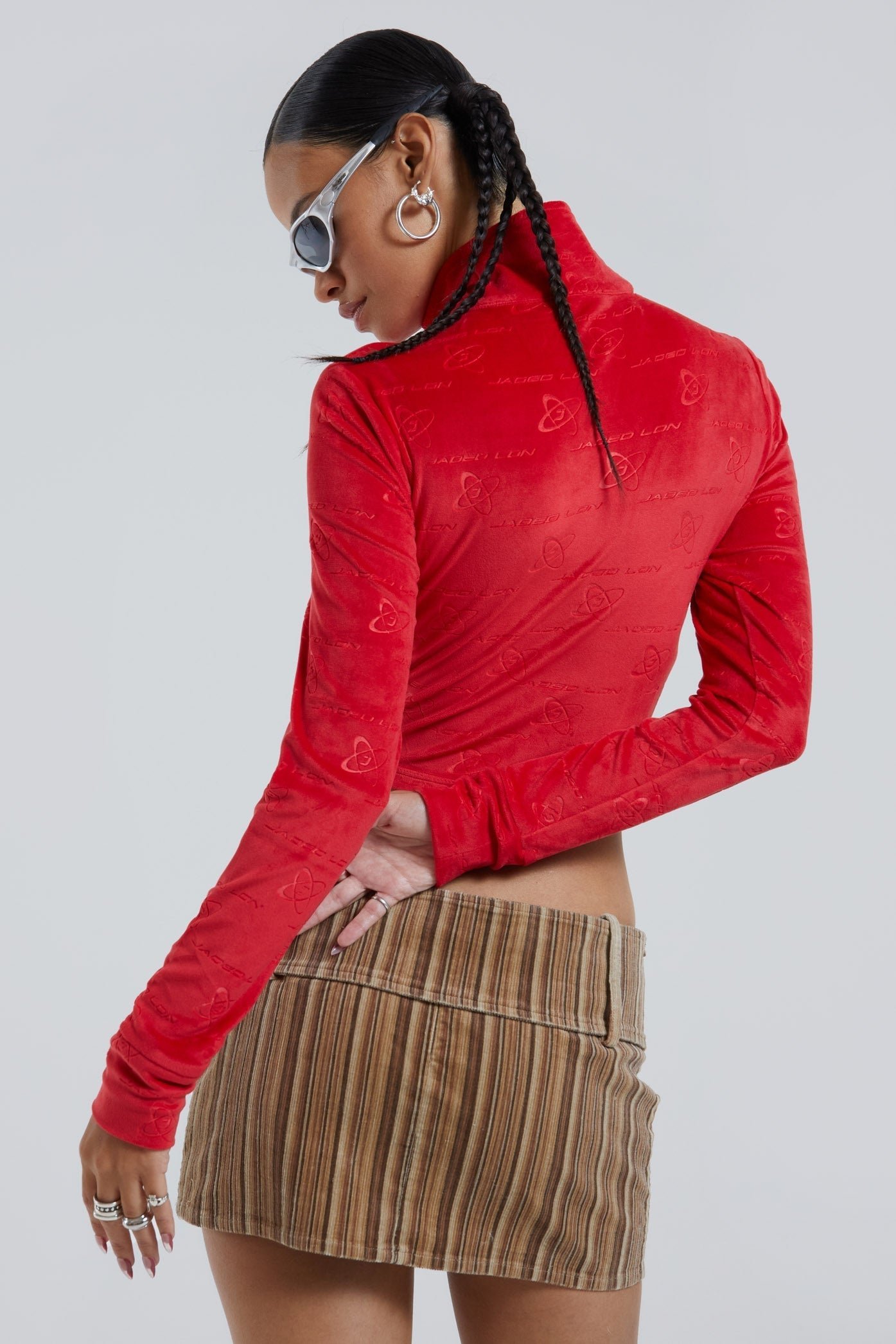 Red High Neck Velour Tracktop With Embossed Detail