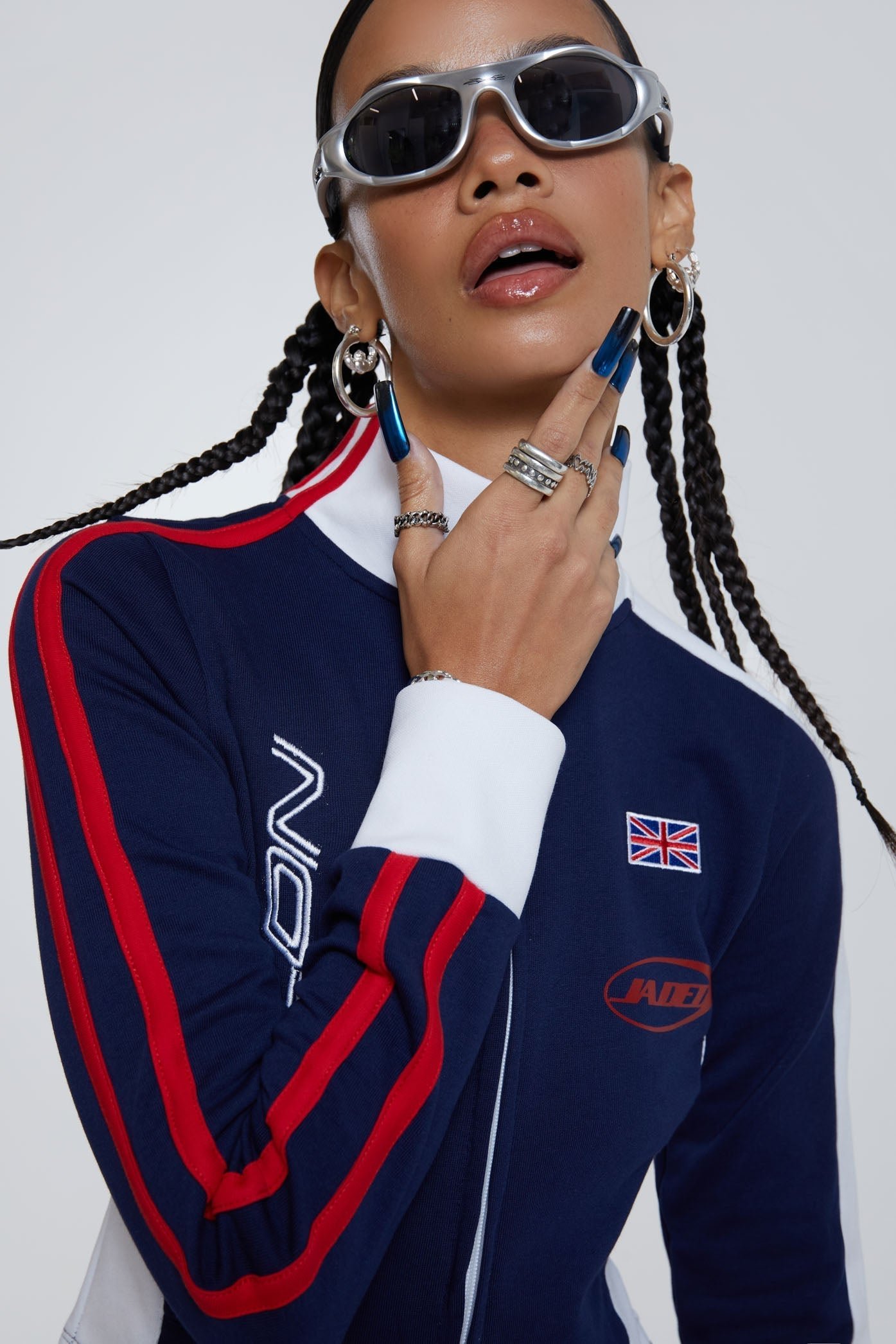 Navy High Neck Zip Through Slim Fit Track Top | Jaded London