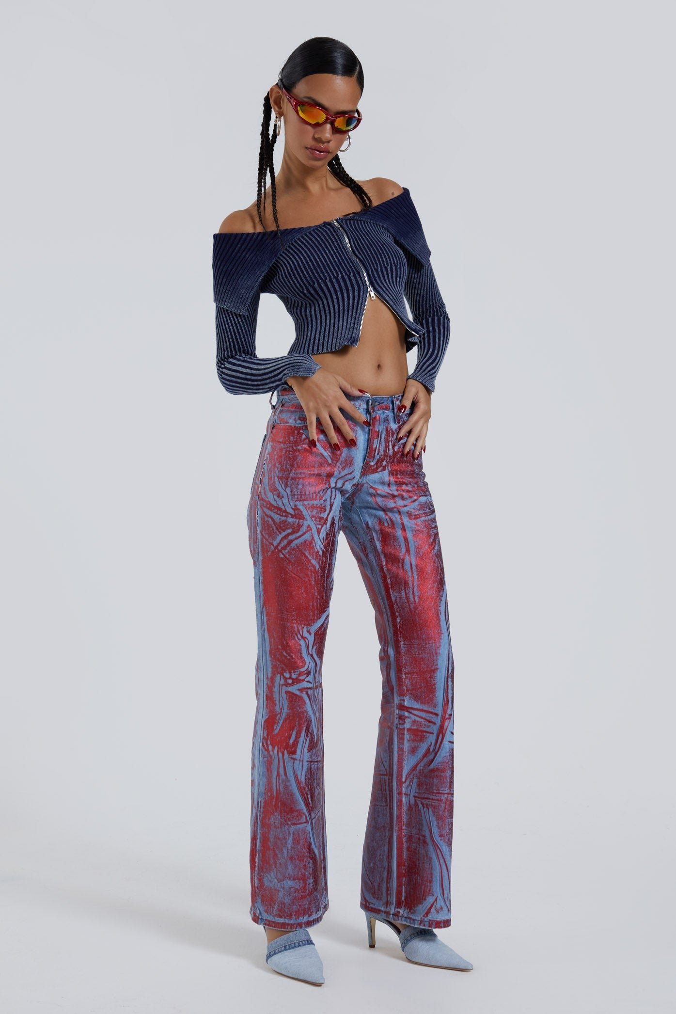 Blue & Red Distressed Foil Low Rise 00's Jeans | Jaded