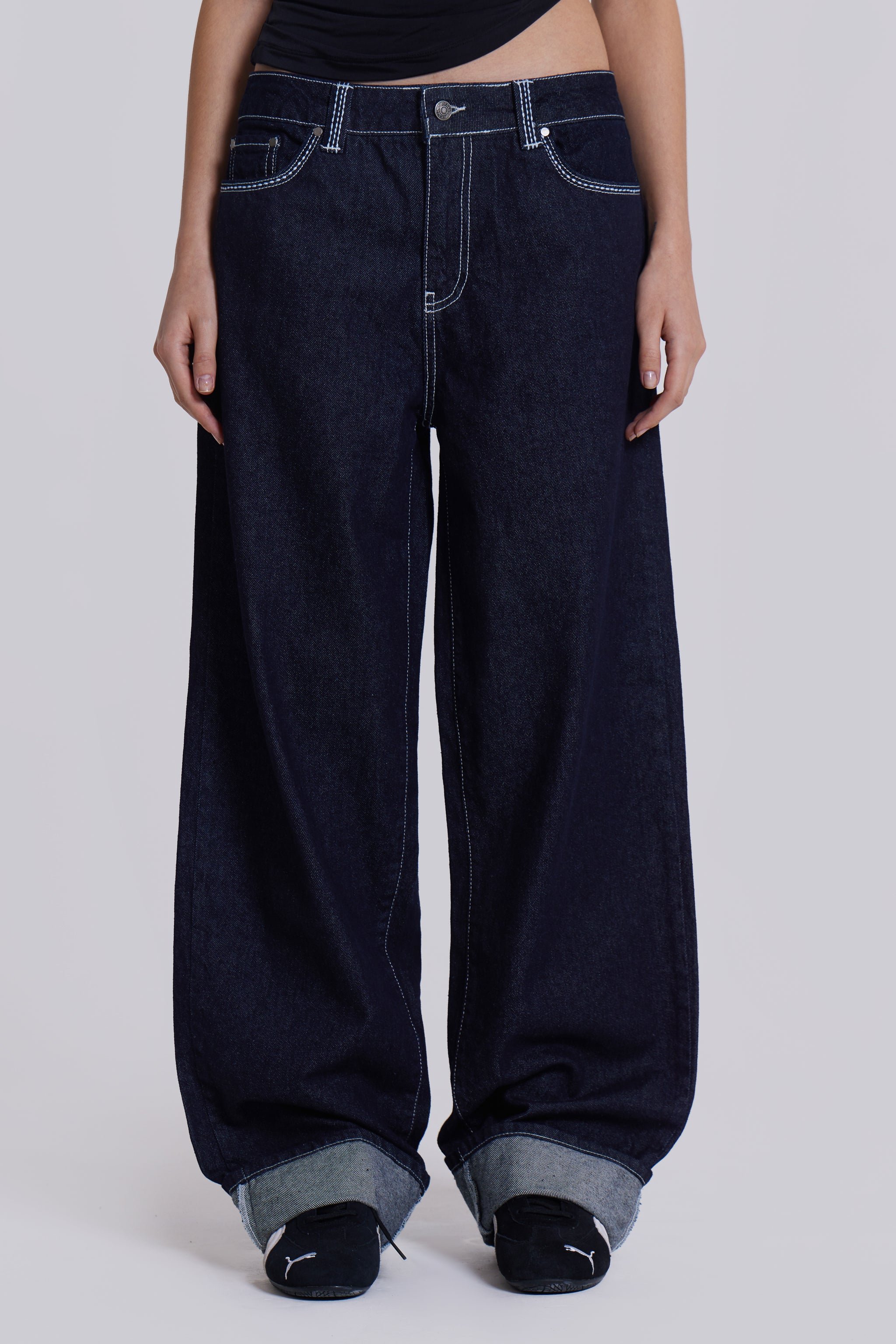 Denim Pants with Belt and Elastic Hem – Taly Boutique