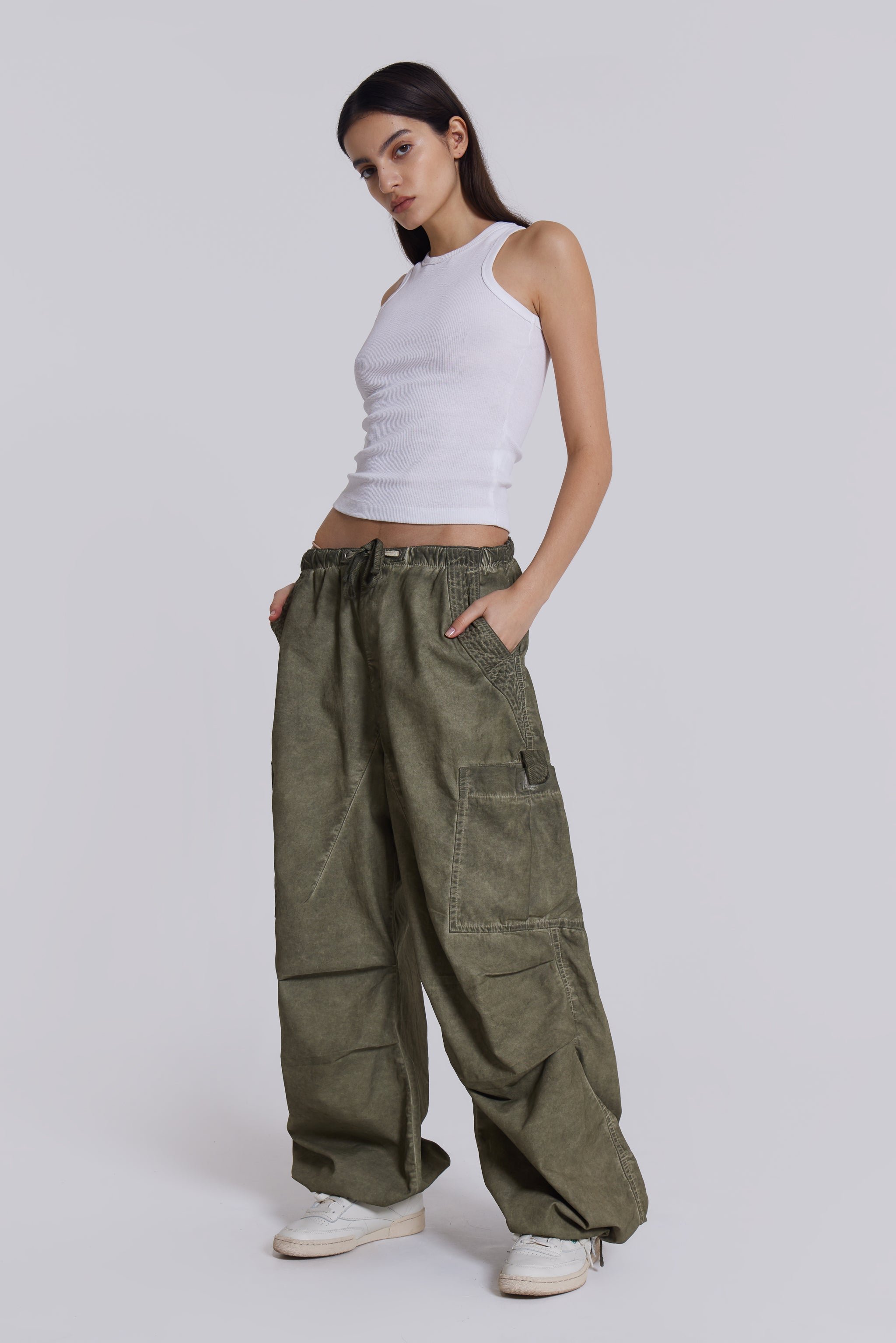 Shop Khaki Oil Wash Parachute Pants | Jaded London | Clothing