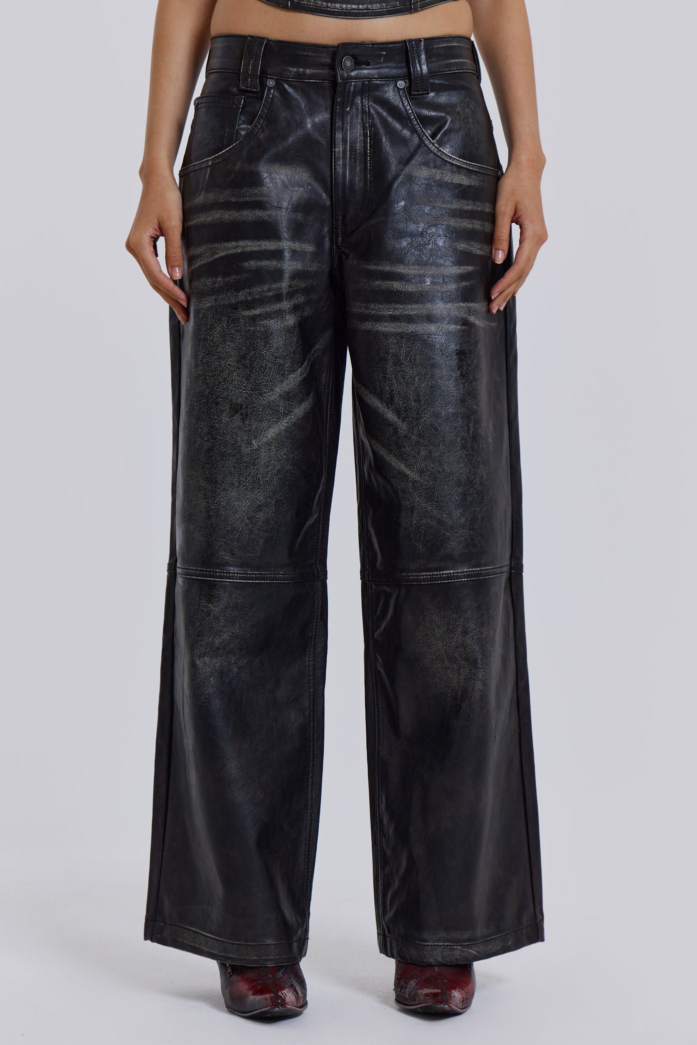 Distressed Vegan Leather Colossus Fit Trousers | Jaded London