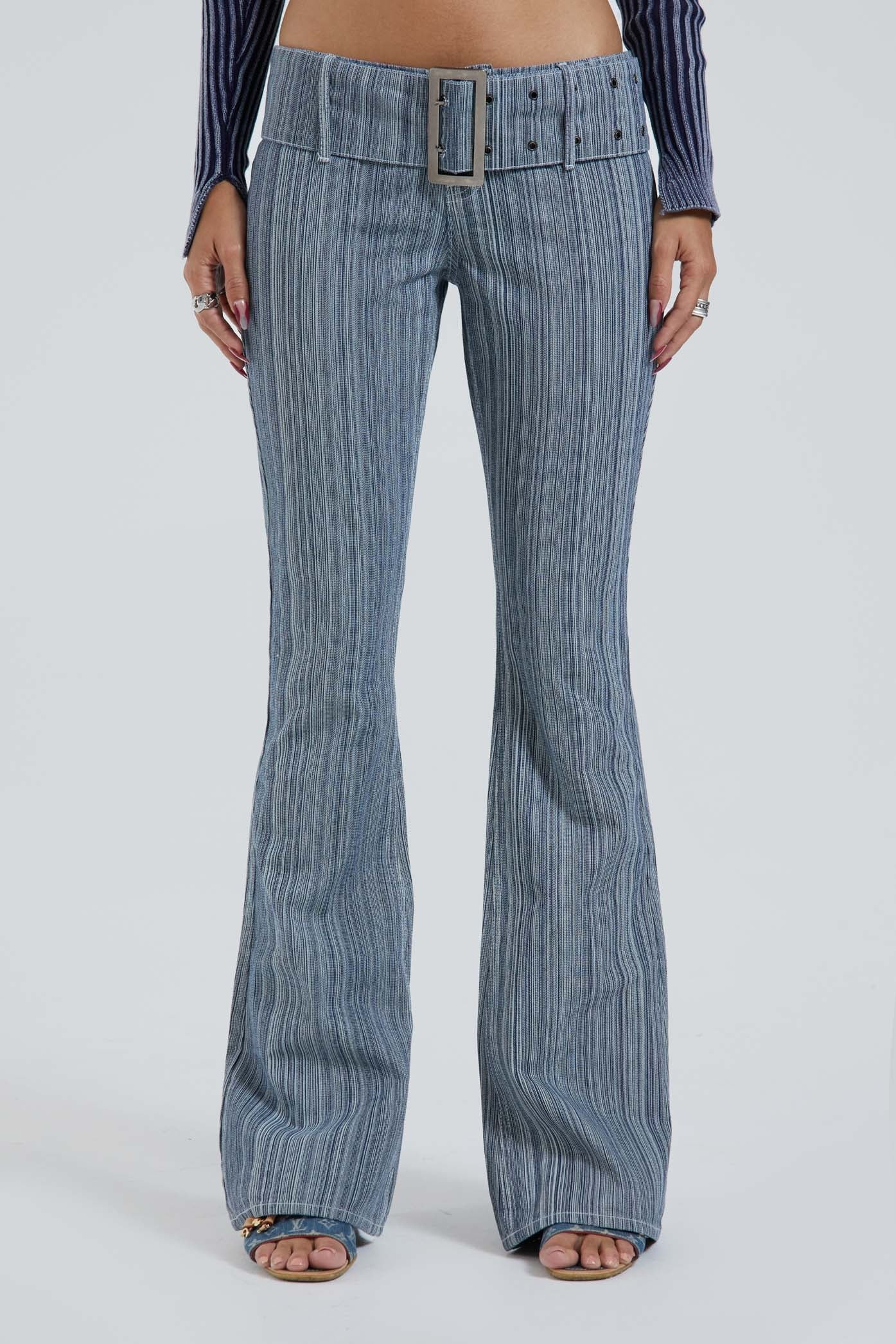 Hickory Stripe Low Rise Belt Detail 00's Style Jeans | Jaded London
