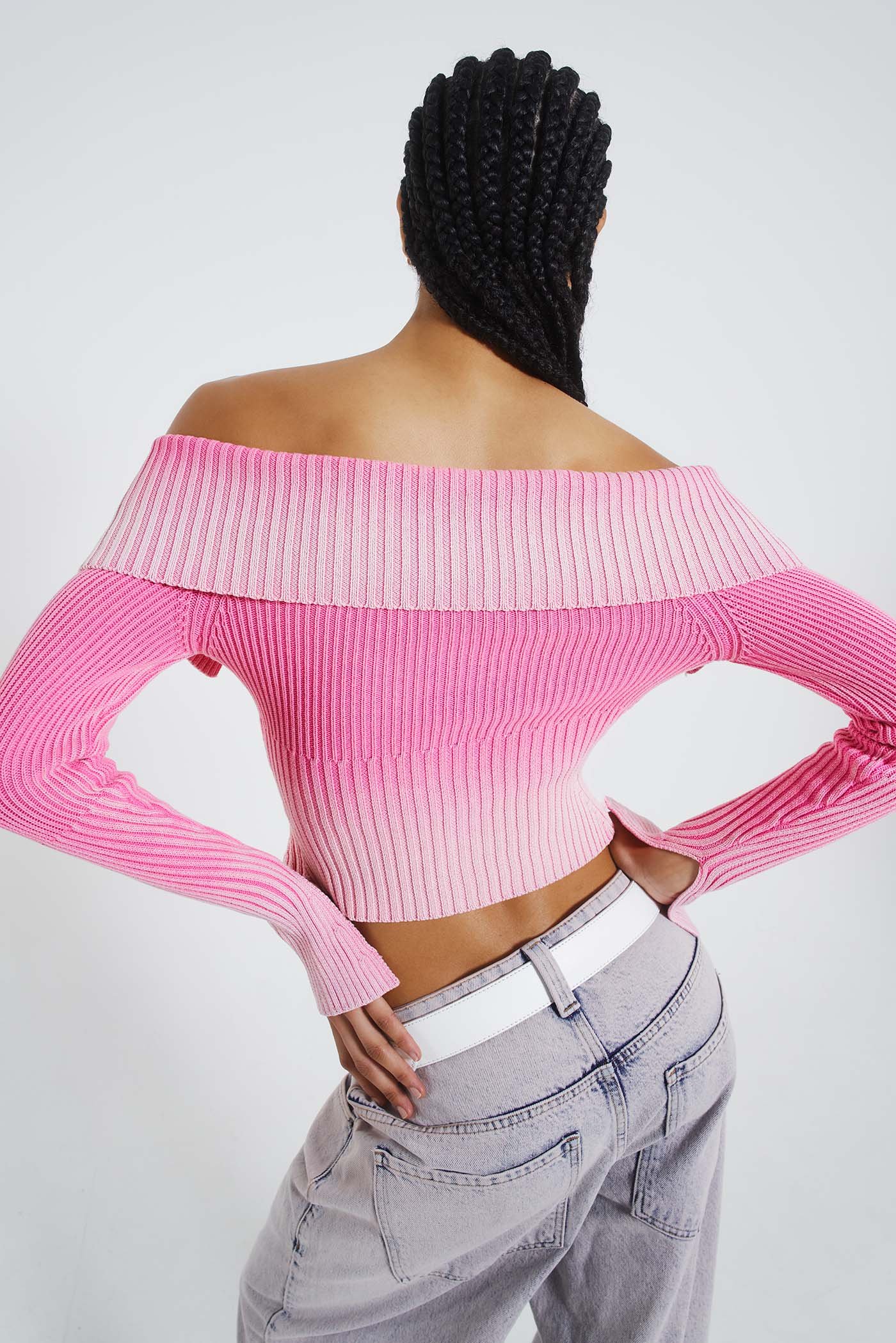 Pink Tribeca Ribbed Off The Shoulder Knit | Jaded London
