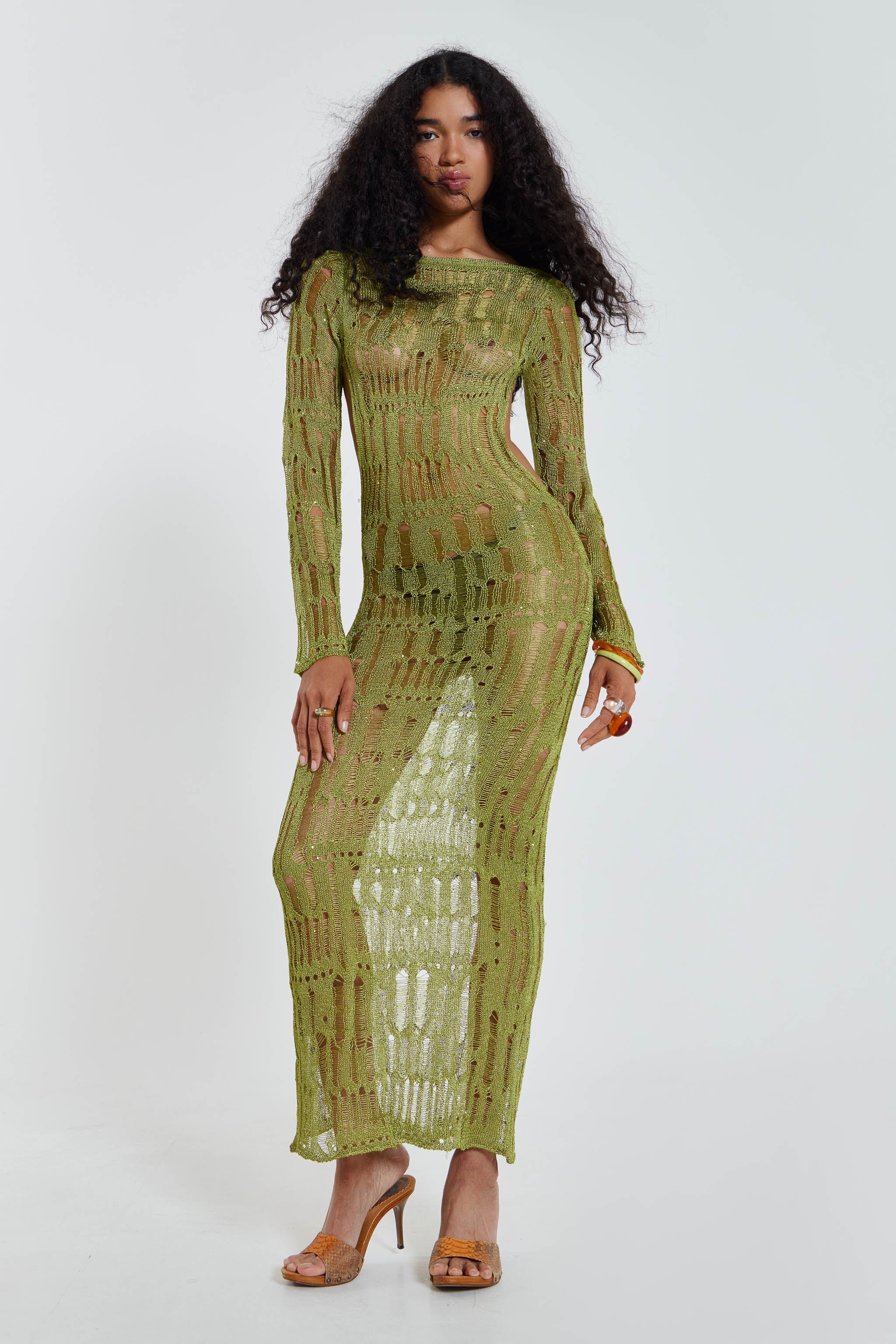 Gaia Scrunch Lace Midi Dress in Forest Green