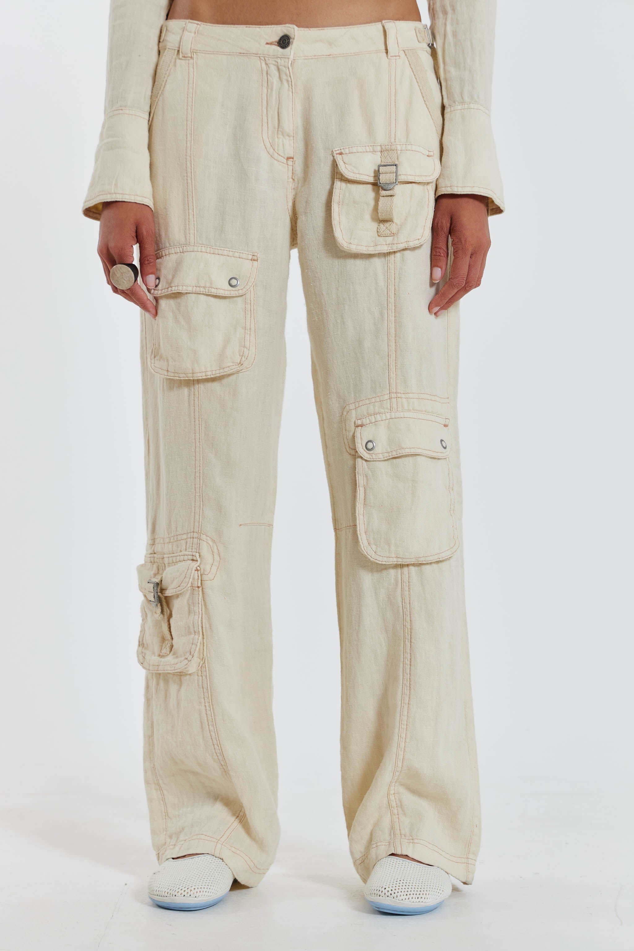 Cream utility cuffed cargo trousers | River Island