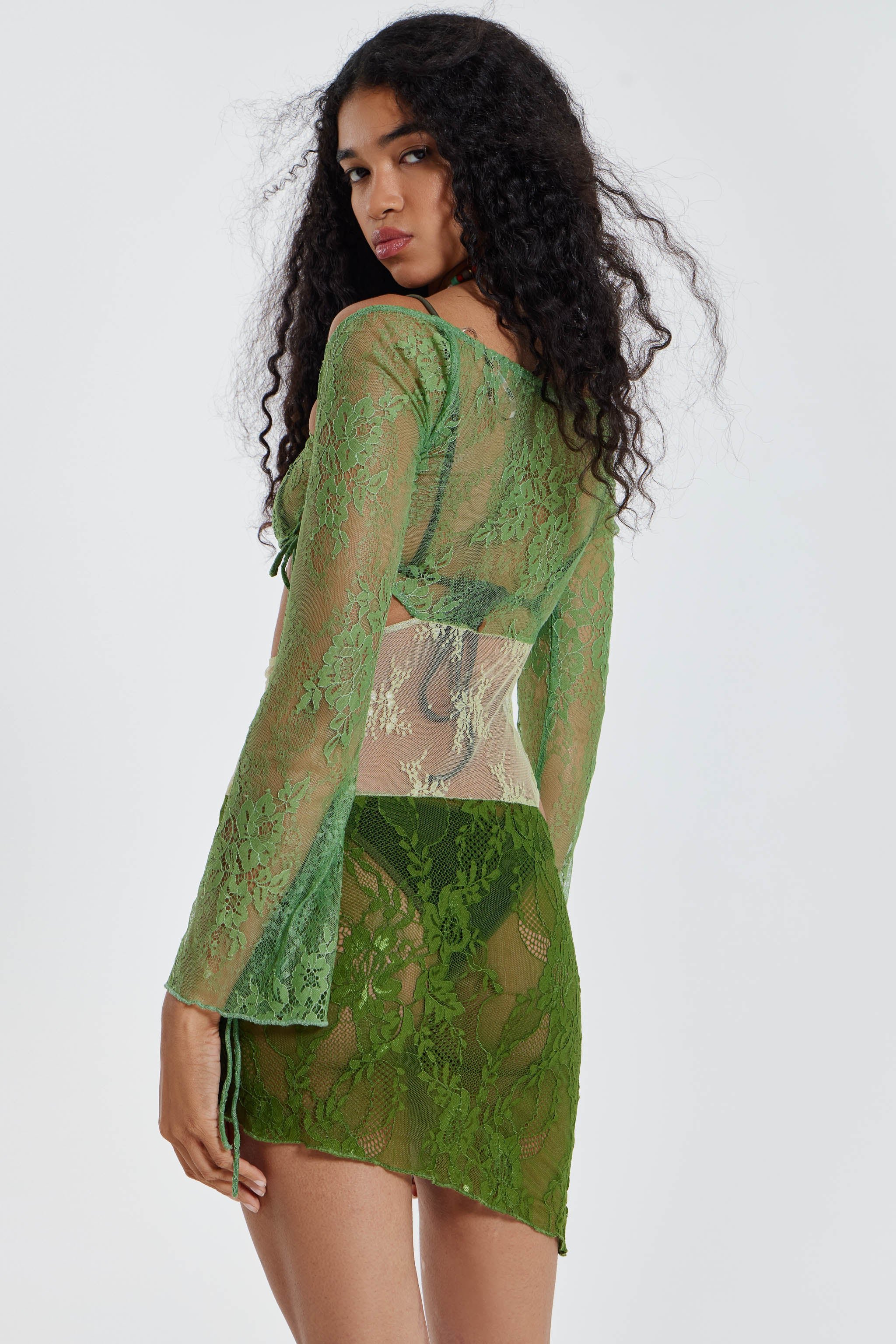 Long sleeve green lace dress sale