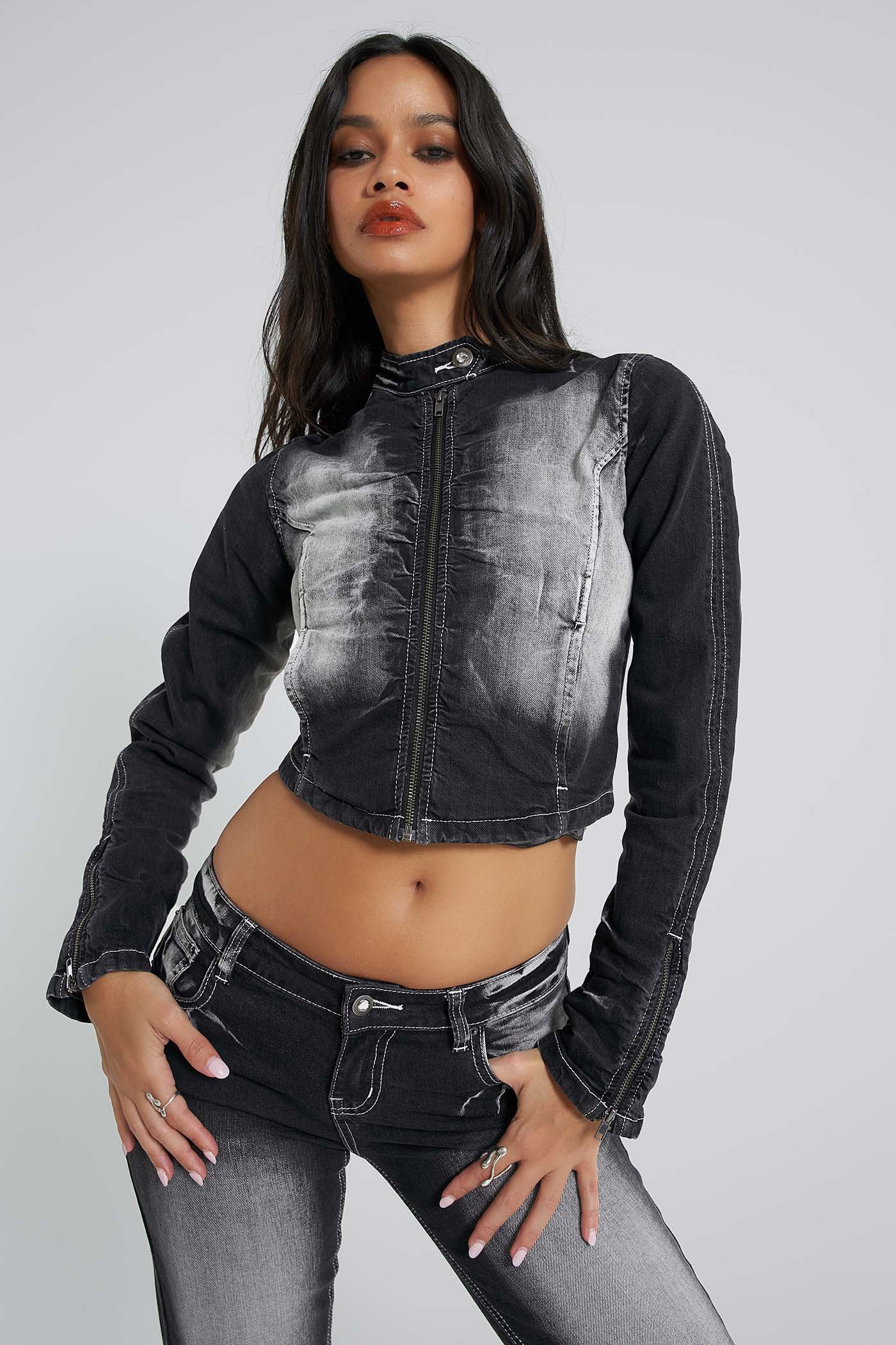 Fitted Ruched Front Denim Jacket Jaded London