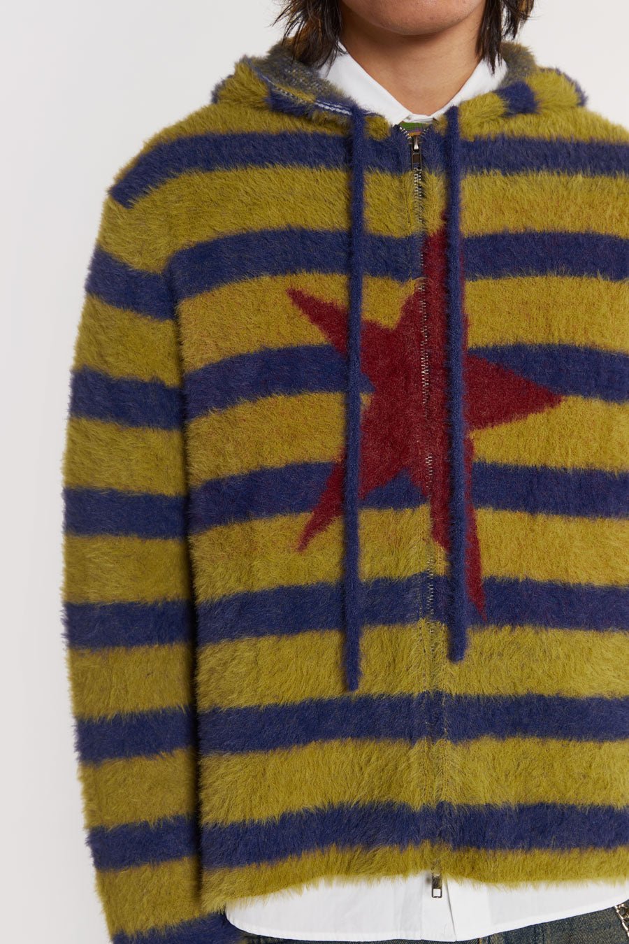 Khaki Fuzzy Stripe Zip Through | Jaded London