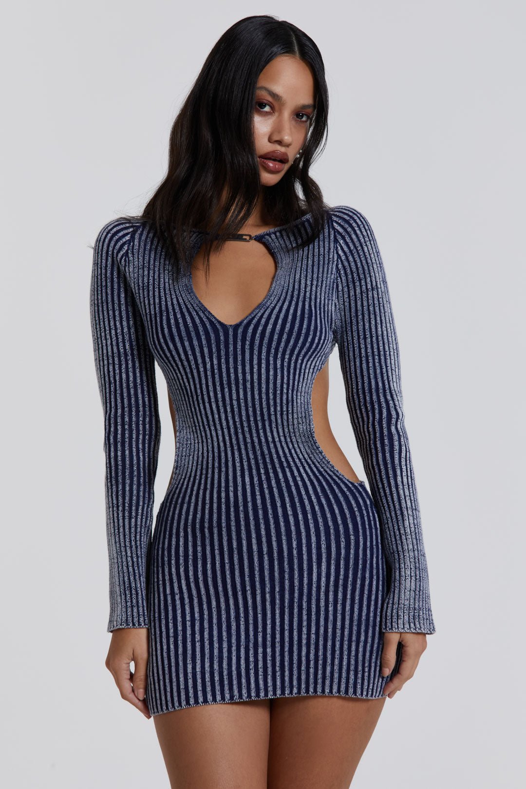 Blue Metallic Knitted Backless Mini Dress With Front Keyhole 