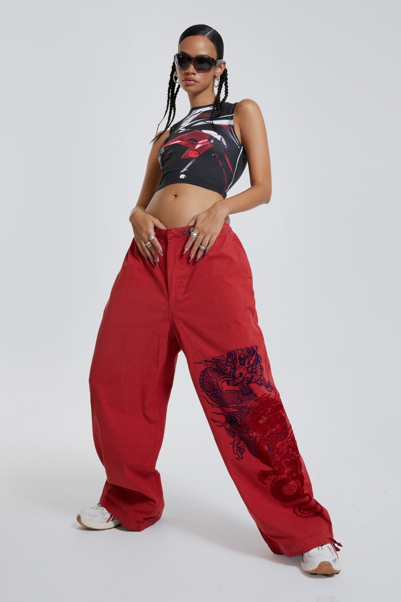 Red Military Cargo Pants With Flock Print | Jaded London