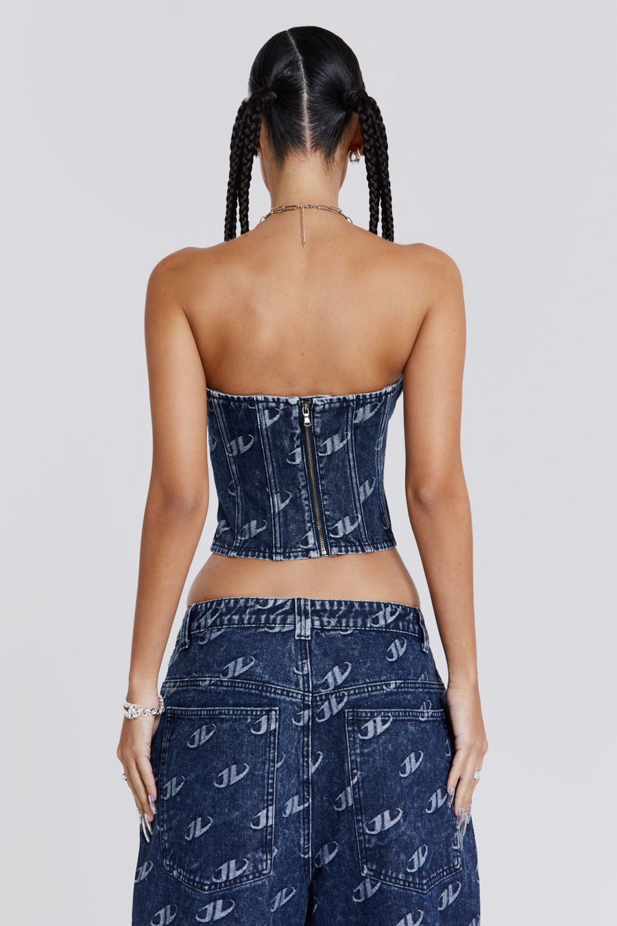 Blue Denim Strapless Corset Top With Buckle Detail | Jaded London